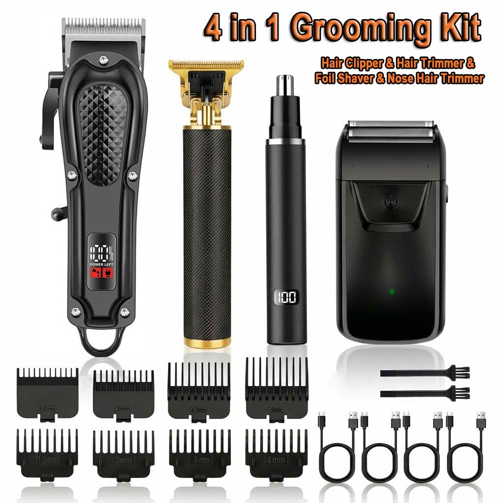 Electric Shaver Rotary - 4in1メンズヘアクリッパーセット。コードレス電動トリマー、フォイルシェーバー、鼻毛カッター、ひげトリマー、USB充電式グルーミングキット。LEDディスプレイ付き。複数のガイドコーム付属。