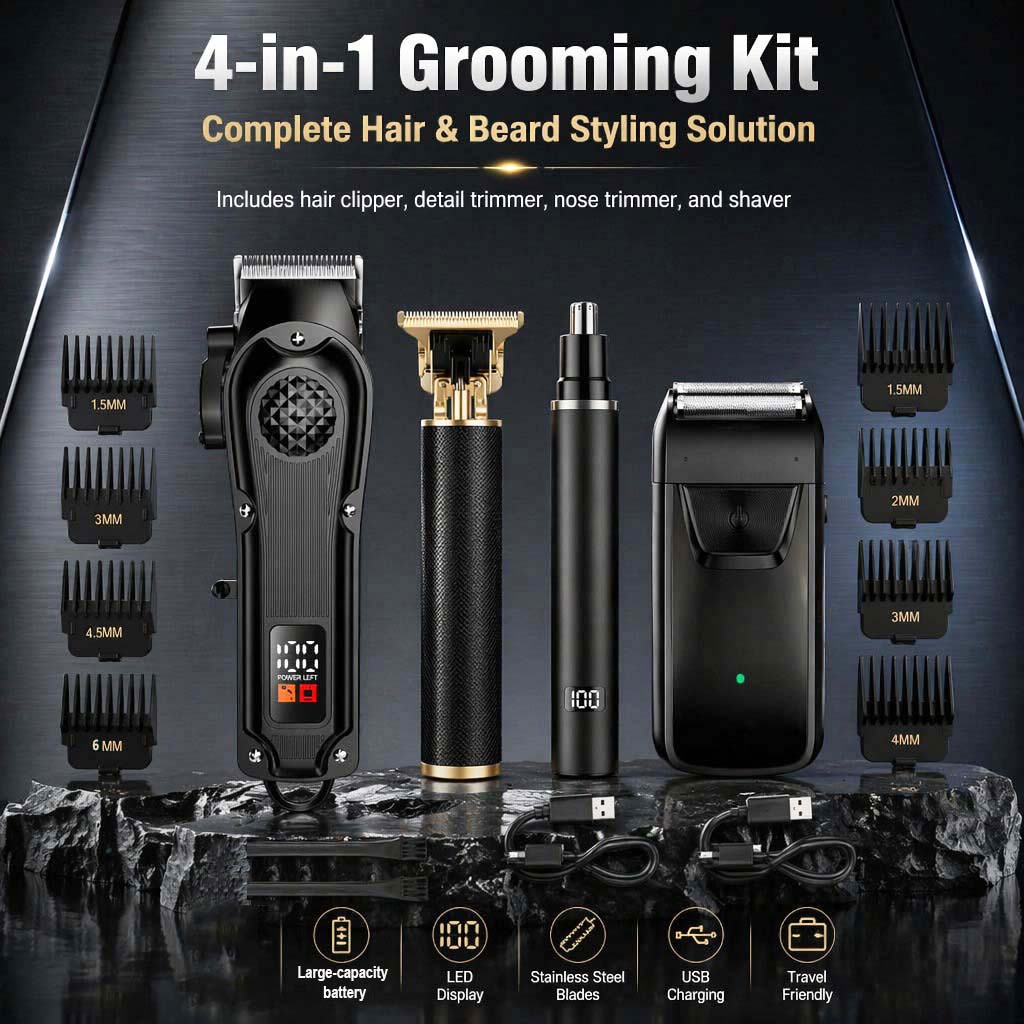 Electric Shaver Rotary - 4-in-1 メンズヘアクリッパーセット（LEDディスプレイ付き、USB充電式ひげ＆鼻毛トリマー、フォイルシェーバー＋8種類のコーム付き、家庭用＆理髪店用）