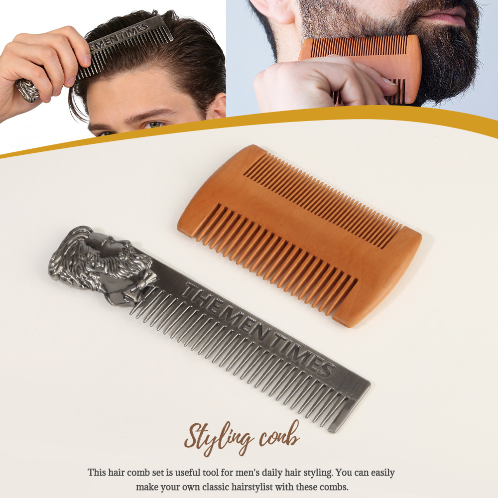Men'S Grooming Hairstyles - メンズヴィンテージ髭＆ヘアコームセット - ステンレス鋼と木製のポケットコーム（スリックバックヘアスタイル用）、携帯用髭グルーミングツール