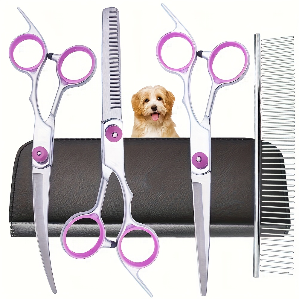 Grooming Scissors - 5点セット プロ仕様 犬用グルーミングハサミセット ステンレス製 ペット用カーブシンニングシザーキット コームケース付き